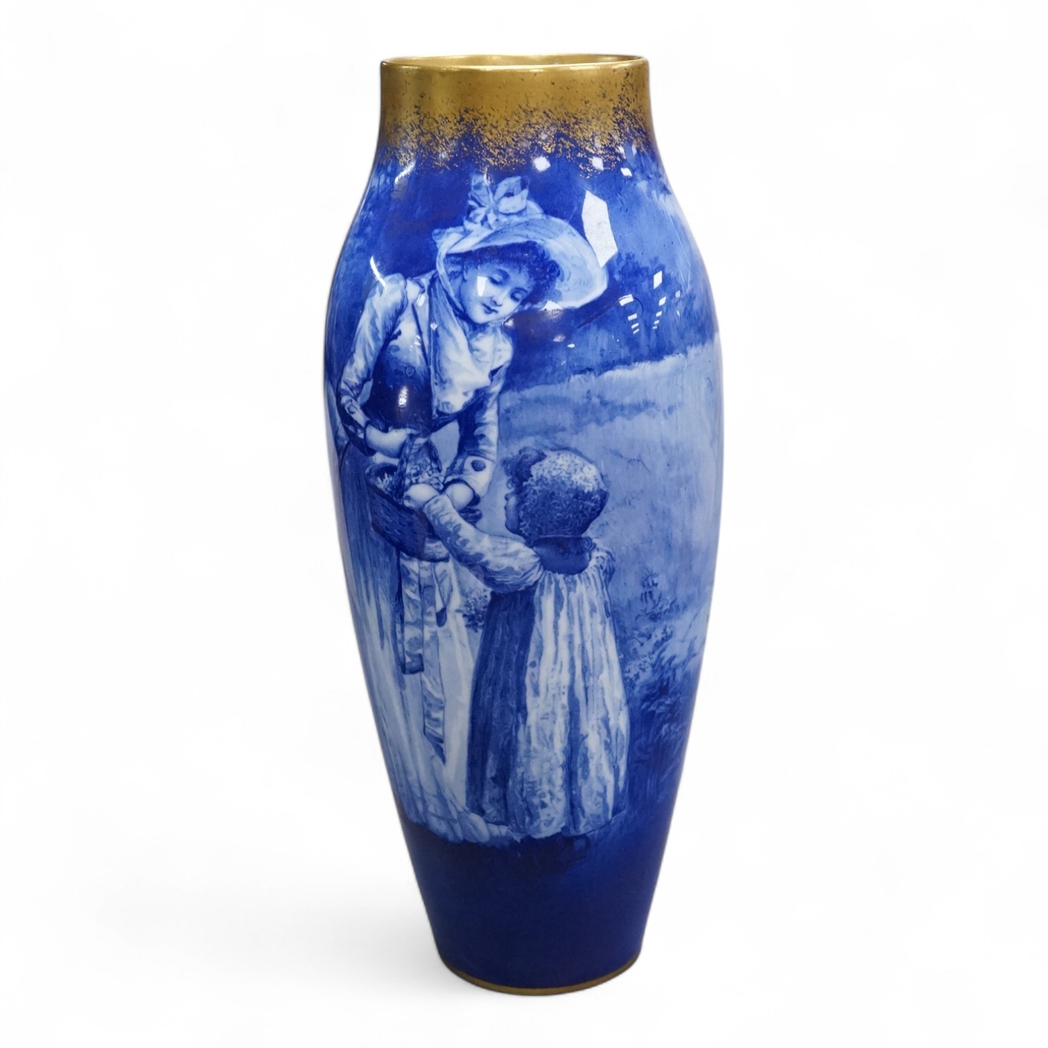 A Royal Doulton figural vase painted in blue with gilt top, 22cm high